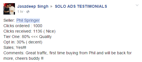 Buyer: Jasdeep Singh | Seller: Phil Springer | Clicks Ordered: 1000 | Clicks Delivered: 1136 (Nice) | Opt In Rate: 30% | Tier 1: 80% Quality! | Sales: Yes!!! | Comments: Great traffic, first time buying from Phil and will be for more, cheers buddy!!