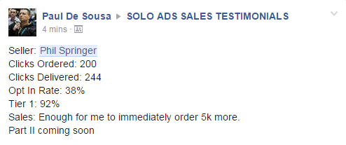 Buyer: Paul De-Sousa | Seller: Phil Springer | Clicks Ordered: 200 | Clicks Delivered: 244 | Opt In Rate: 38% | Tier 1: 92% | Sales: Enough for me to immediately order 5k more.